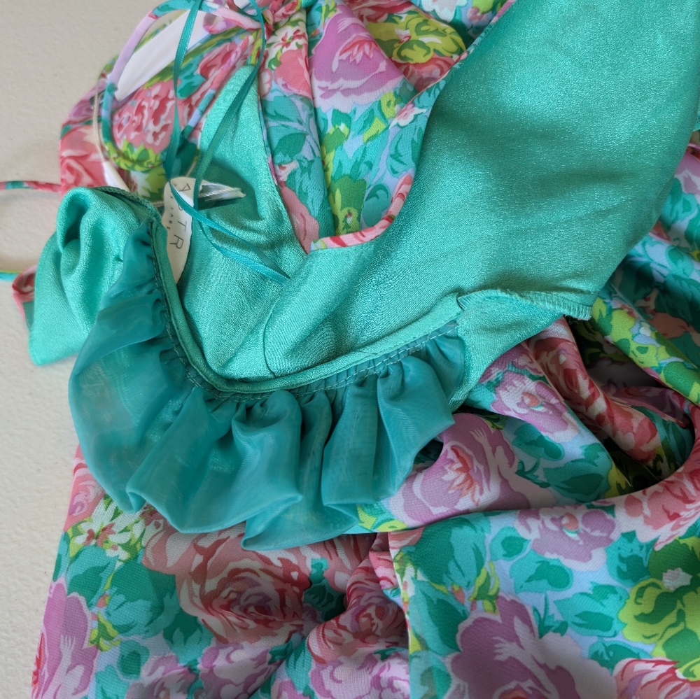 NWT ASTR The Label Esperanza Green PinkMulti Floral Dress w/V-Neck&Back Ties Med - Picture 8 of 11